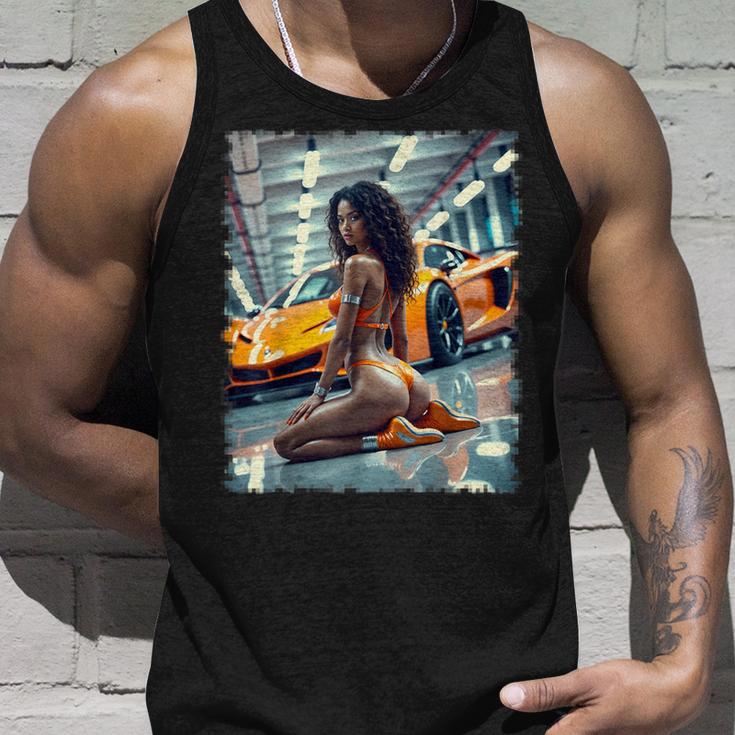 ピンナップガールtシャツ 男性用 ブラックピンナップガール&エキゾチックカー タンクトップ 彼への贈り物