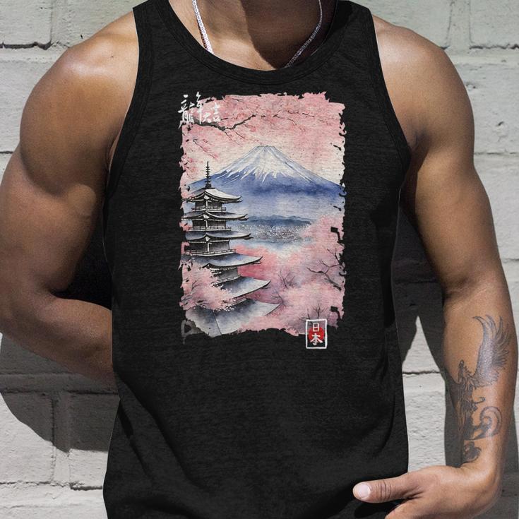 富士山 日本 桜 ヴィンテージ アニメ アート ピンク タンクトップ 彼への贈り物