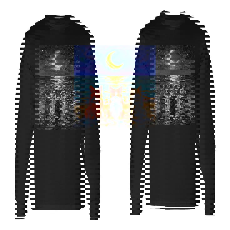 3 コーギーの夜のビーチかわいい犬と三日月のアートワーク 長袖Tシャツ