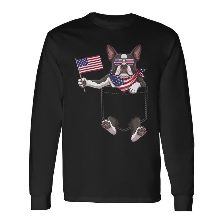 Boston Terrier Dog Pocket American Flag 4Th Of July Usa Long Sleeve T-Shirt