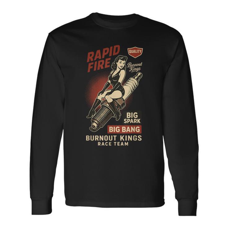 Burnout Kings レトロレーシングスパークプラグガールピンナップ ヴィンテージデザイン 長袖Tシャツ