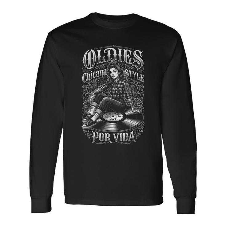 Chicana Oldies Porida ヴィンテージ音楽レコード ローライダーアート 長袖Tシャツ