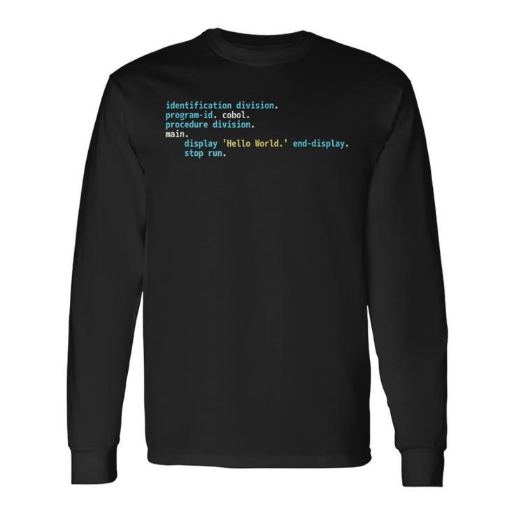 Código Cobol Hello World Diseño De Esquema Deintaxis Oscura Camiseta de manga larga