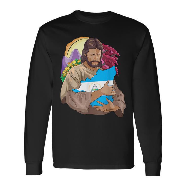De Jesus Abrazando La Bandera De Nicaragua Bandera Bandera Camiseta de manga larga
