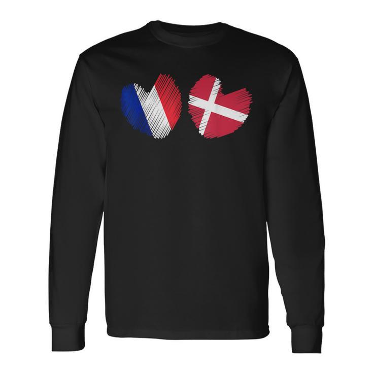 France Danemark Coeur Drapeau Français Danois Drapeau Grunge Coeur T-shirt à manches longues