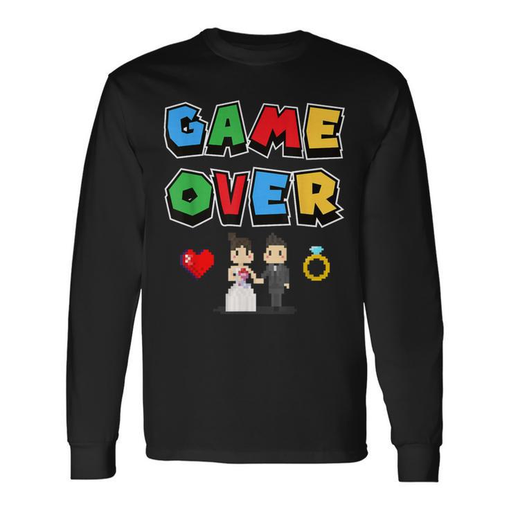 Game Over Boda Divertido Pixel Gamer Recién Casado Novio Camiseta de manga larga