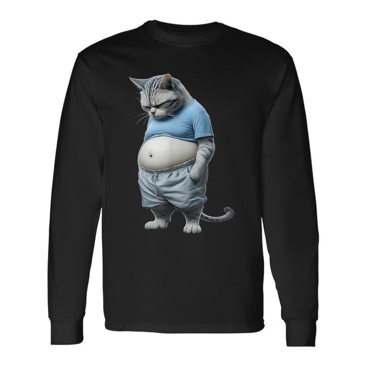 Gato Gordito Gordito Gato En Ropa Deportivaentirse Abajo Animal Camiseta de manga larga