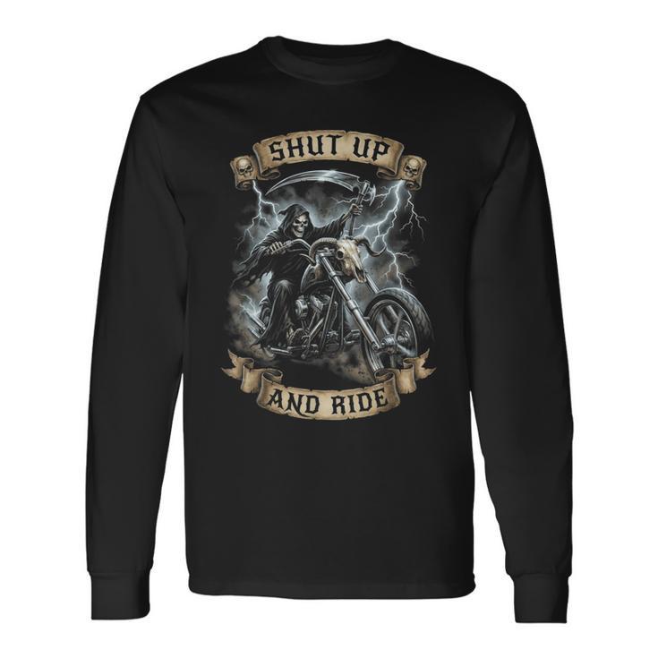 Grim Reaper オートバイ バイカー スケルトン シャット アップ アンド ライド 長袖Tシャツ