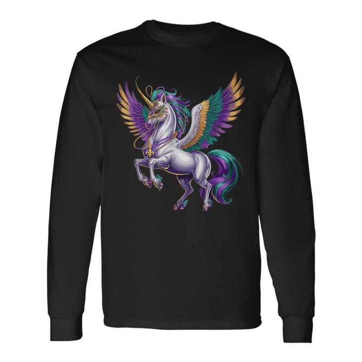 Happy Mardi Gras ユニコーンマスク ニューオーリンズフェスティバル 長袖Tシャツ