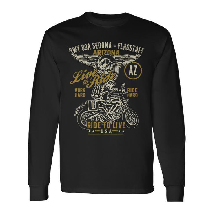 Hwy 89A セドナ フラッグスタッフ Azusa オートバイ アンティーク調デザイン 長袖Tシャツ