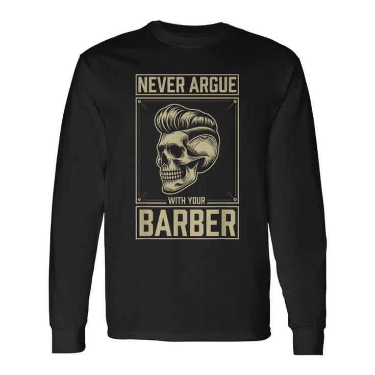 Skull Never Argue With Your Barber クラシック ヴィンテージ バーバー 長袖Tシャツ