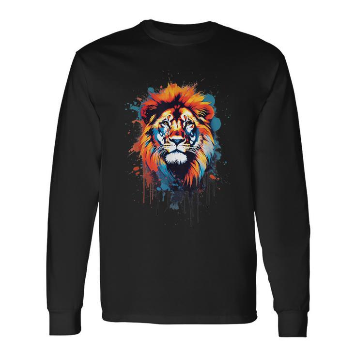 Strong Regal Lion Magestic Lion クールカラフルライオンステンシル 長袖Tシャツ