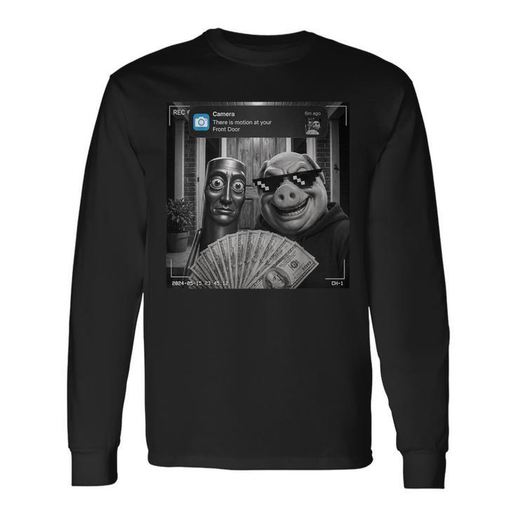 Tung Tung Tungahur John Pork Meme Brainrot Door Motion 長袖Tシャツ