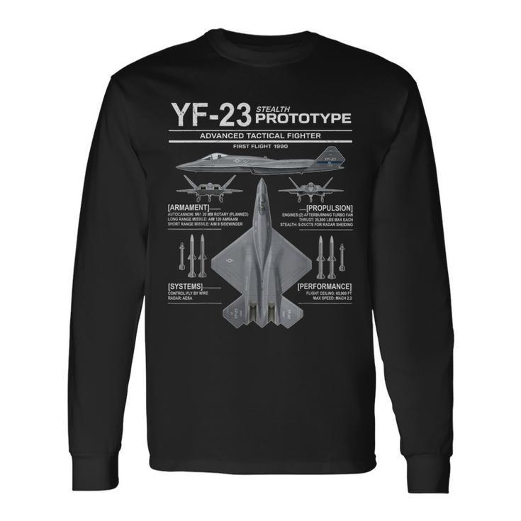 Yf-23ステルス戦闘機ミリタリージェットスペックインフォグラフィック 長袖Tシャツ