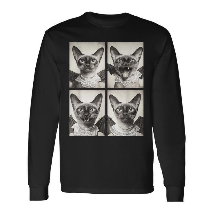 おもしろい 吸血鬼 シャム猫 コウモリのコスチューム 猫 ハロウィン 長袖Tシャツ