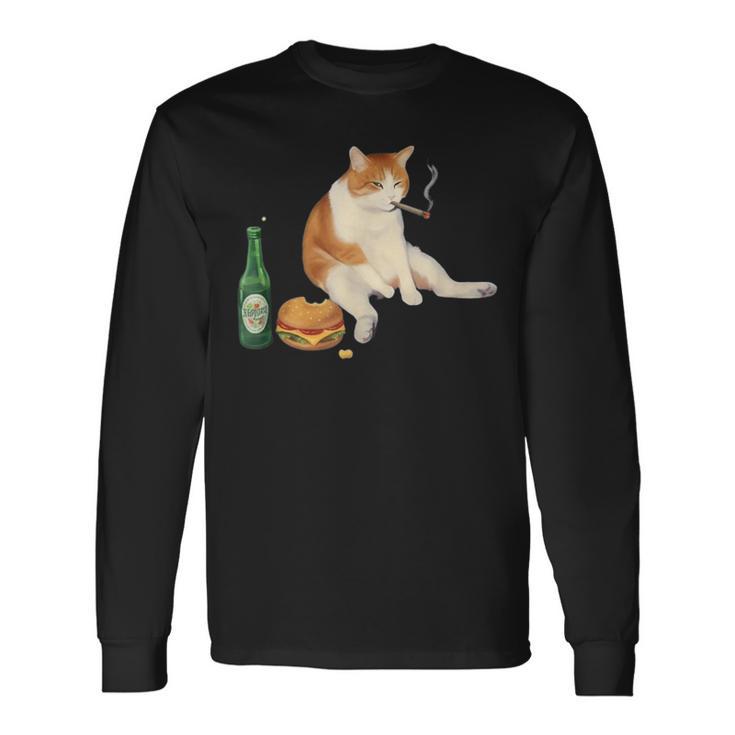 おもしろ猫 喫煙 ジョイント ビール タバコ キティ Gen Z ミーム 長袖Tシャツ