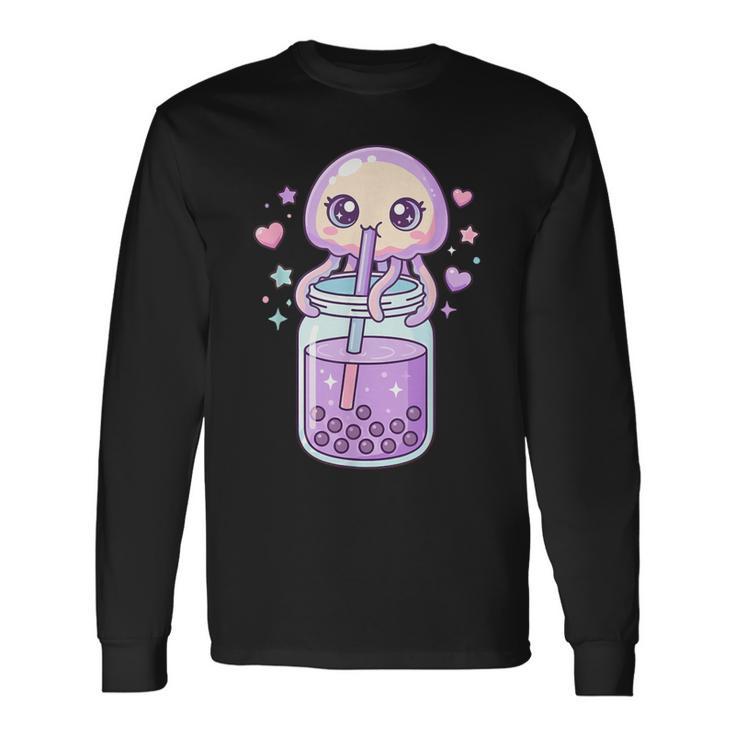 かわいい クラゲ ドリンク ボバティー カワイイ バブルティー アニメ 長袖Tシャツ
