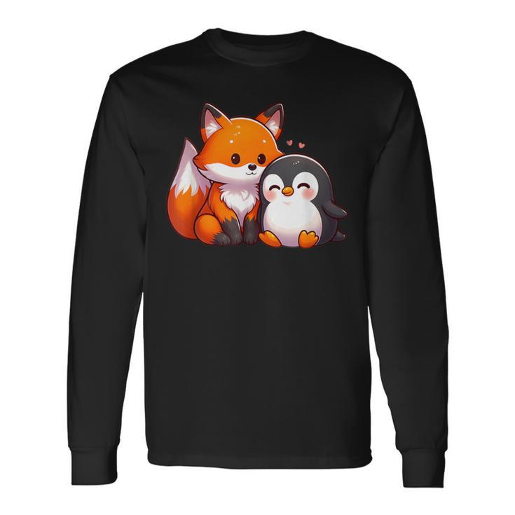 かわいいキツネとペンギンのデザイン 長袖Tシャツ