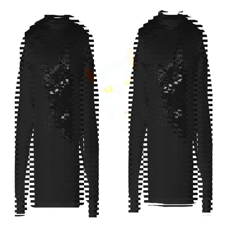 こっそり猫 物陰からじっと見つめる黒猫デザイン 長袖tシャツ 長袖Tシャツ