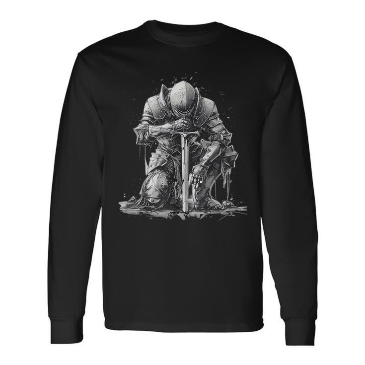 ひざまずくパラディンデザイン 長袖Tシャツ