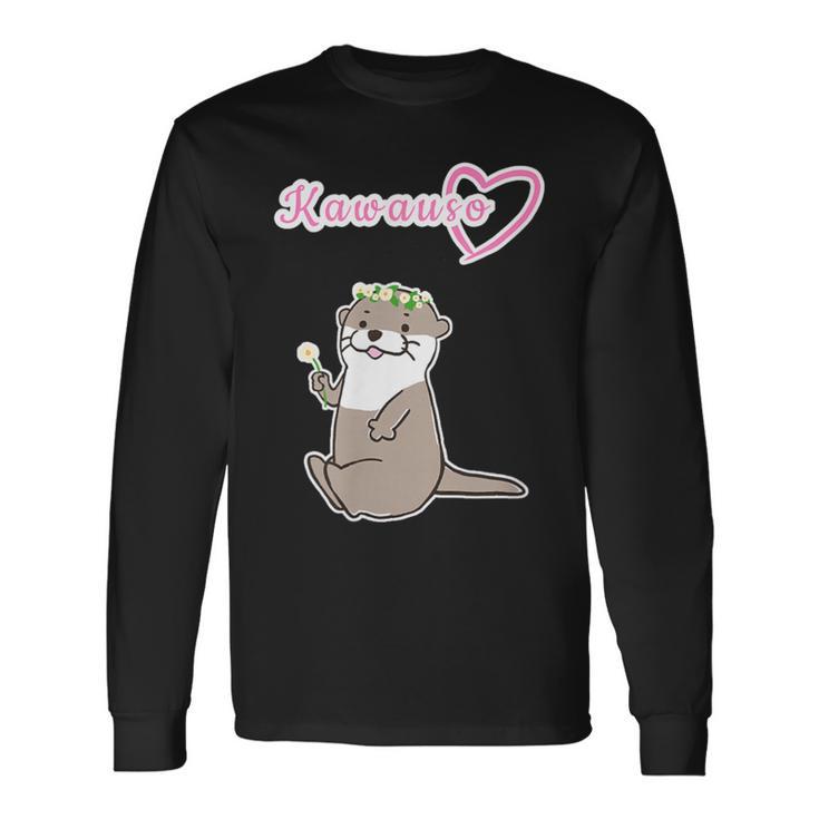 ゆるカワウソさん まるくん『おはなの かんむり』コツメカワウソ かわいい イラスト 長袖Tシャツ