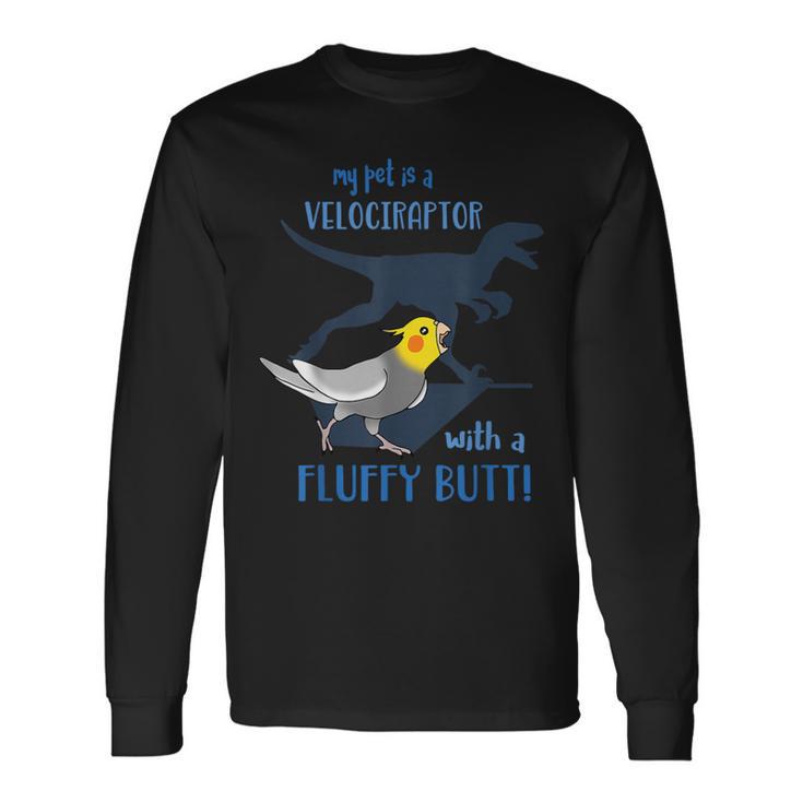 わたしのペットはふわふわお尻オカメインコの鳥を持ったベロキラプトル 長袖Tシャツ