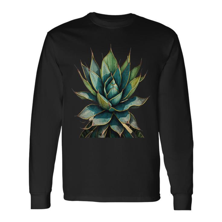 アガベ植物コレクターアガベメキシカン民俗画 長袖Tシャツ