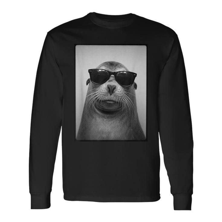 アシカ サングラス フォトブース レトロ 動物 アザラシ ポートレート 長袖Tシャツ