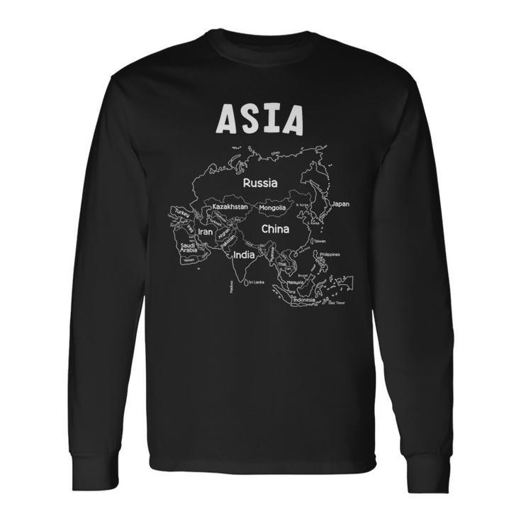 アジア、名前、国境の白い手描きの地図 長袖Tシャツ