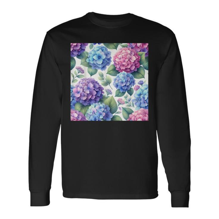 アジサイの水彩柄アジサイ 長袖Tシャツ