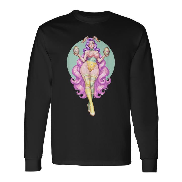 イースターエッグ ウサギ ヴィンテージ ピンナップ バニー スーツ ファンタジーガール 長袖Tシャツ