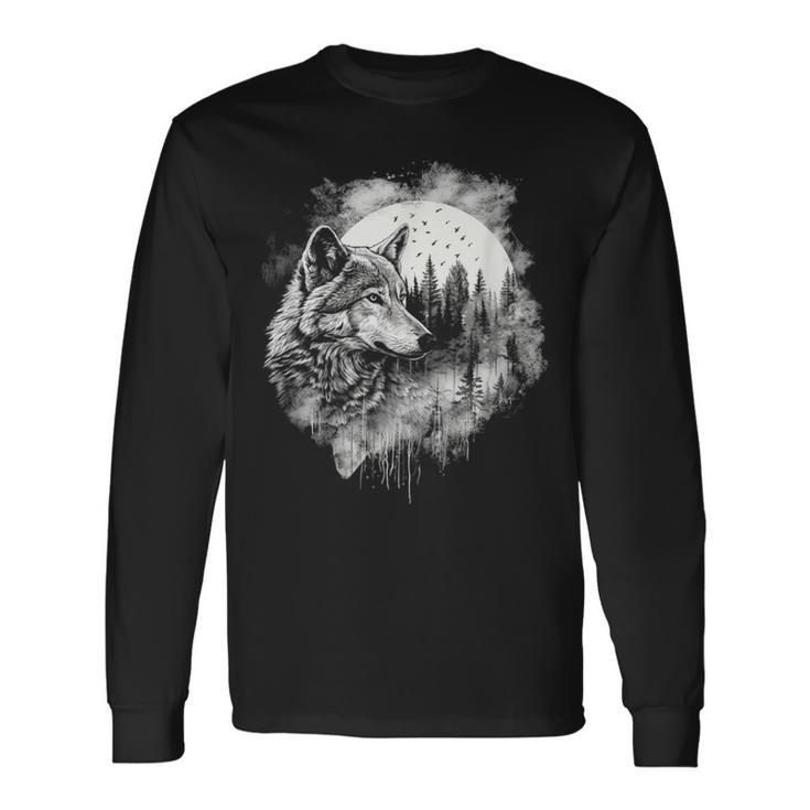 オオカミの絵 プリント 神秘的なオオカミの森 月 遠吠え 長袖Tシャツ