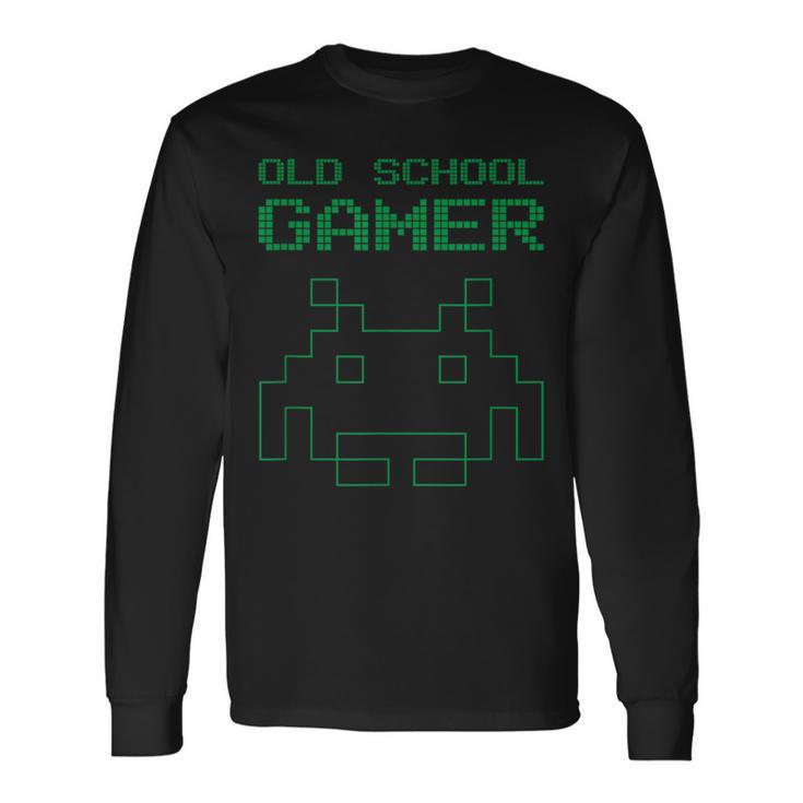 オールドビンテージスクールゲーマー-レトロスペースエイリアンインベーダー 長袖Tシャツ