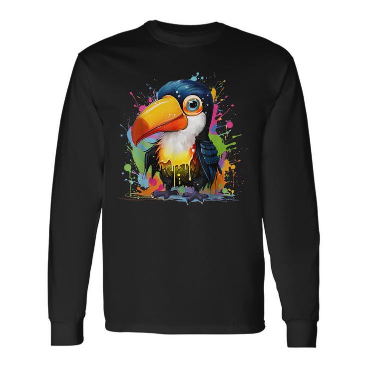 カラフルなペンキの飛沫を持つ小さなオオハシ 長袖Tシャツ