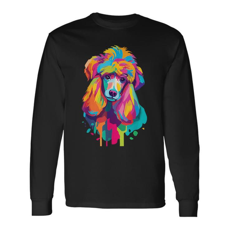 カラフルなポップアートデザイン スタンダードプードル犬 長袖Tシャツ