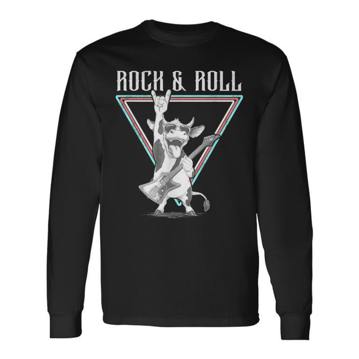 ギター付きロックンロール牛 長袖Tシャツ