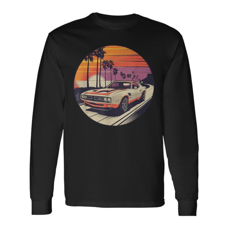 クラシック マッスルカー レトロ ビンテージ スタイル ビーチ サンセット 長袖Tシャツ