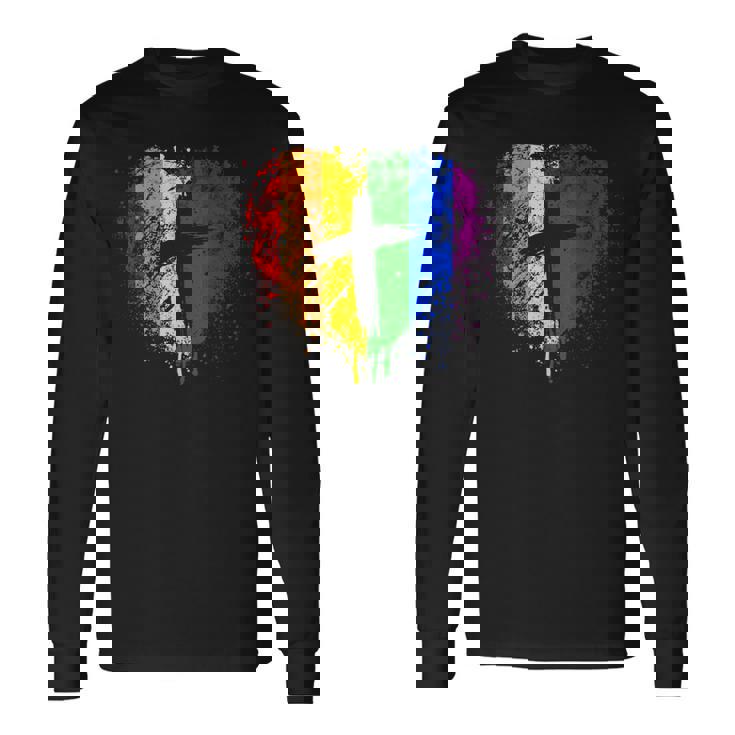 クロスのあるレインボー ハート、キリスト教の宗教的なゲイ プライド 長袖Tシャツ ギフトのアイデア