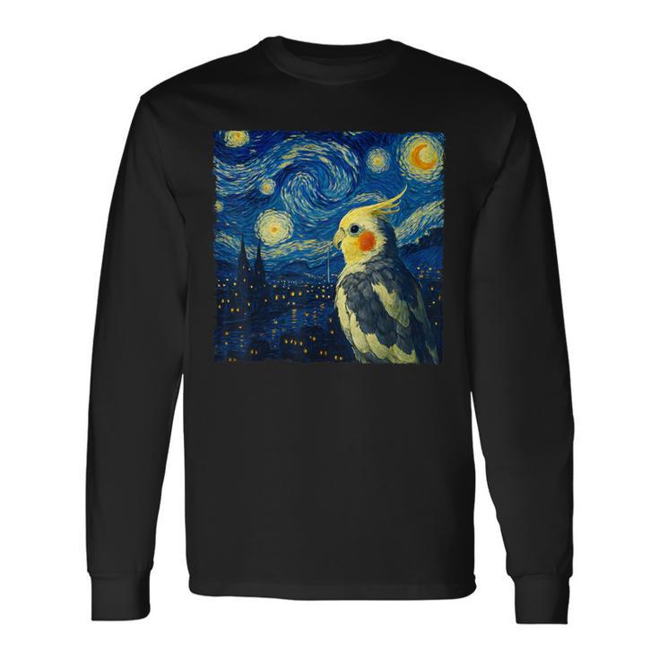 ゴッホの星空を見つめるかわいいオカメインコ 星月夜 長袖Tシャツ