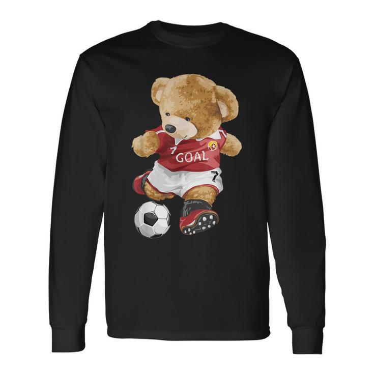 サッカーをするかわいいテディベア。 長袖Tシャツ