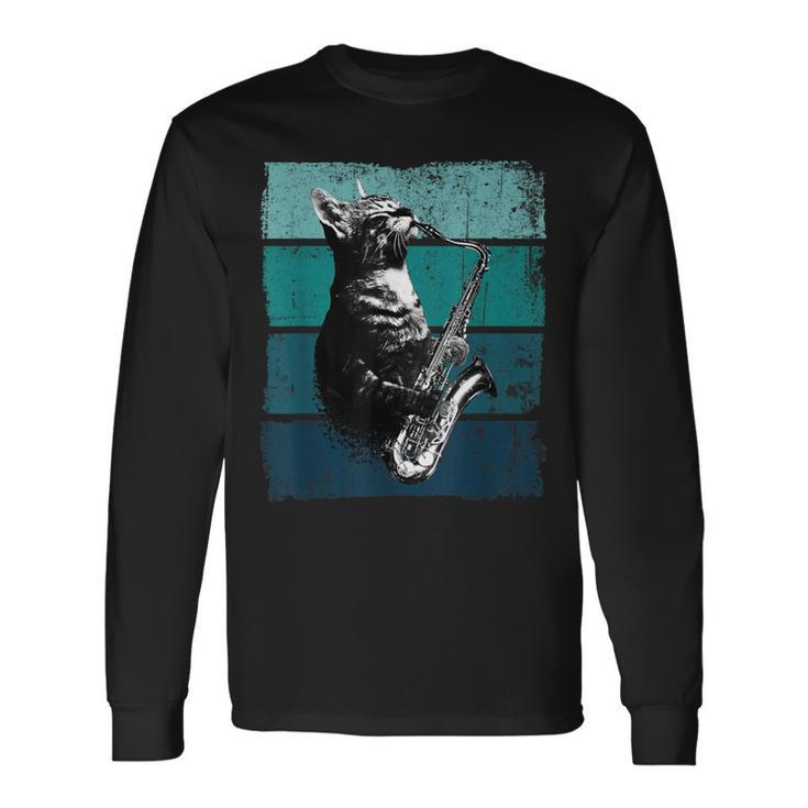 サックスを奏でる猫 ヴィンテージ 猫 ジャズ サックス 音楽 サックス 長袖Tシャツ