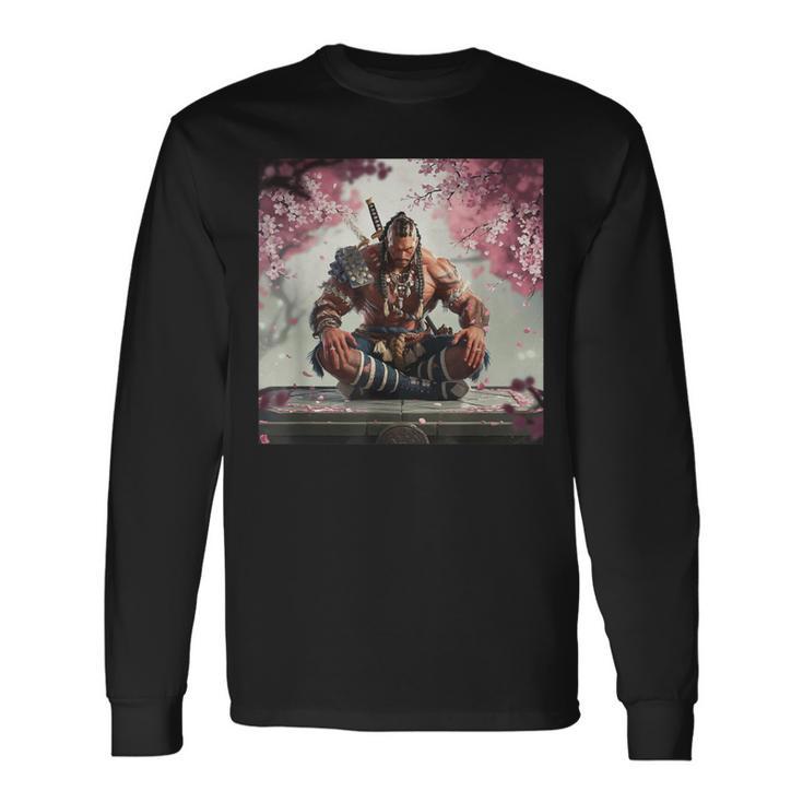 サムライ アフロ アフリカ 瞑想 桜の下 長袖Tシャツ