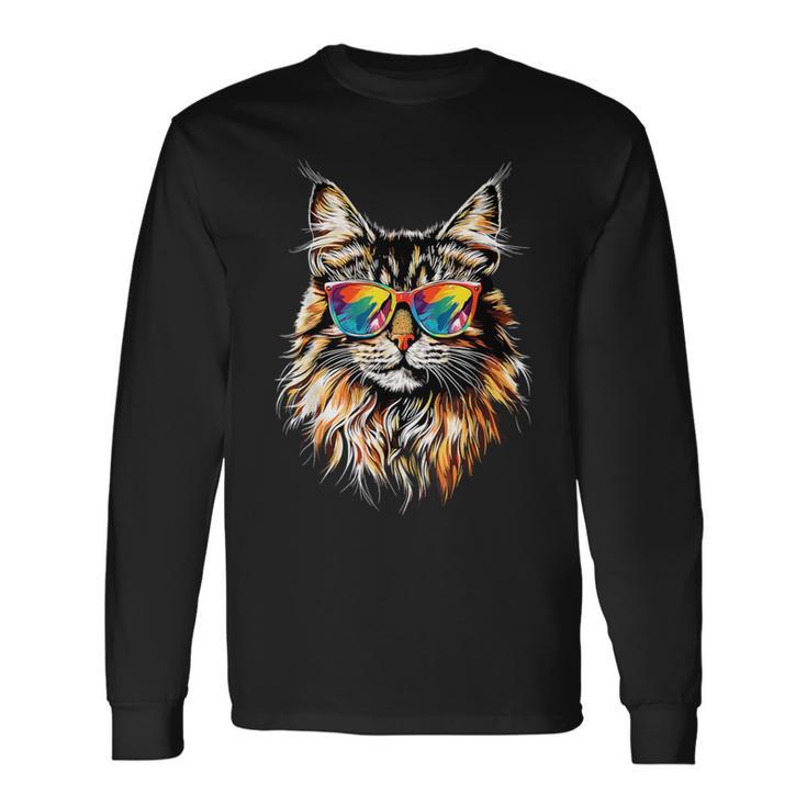 サングラスをかけたメインクーン猫 かわいいメインクーン猫 長袖Tシャツ