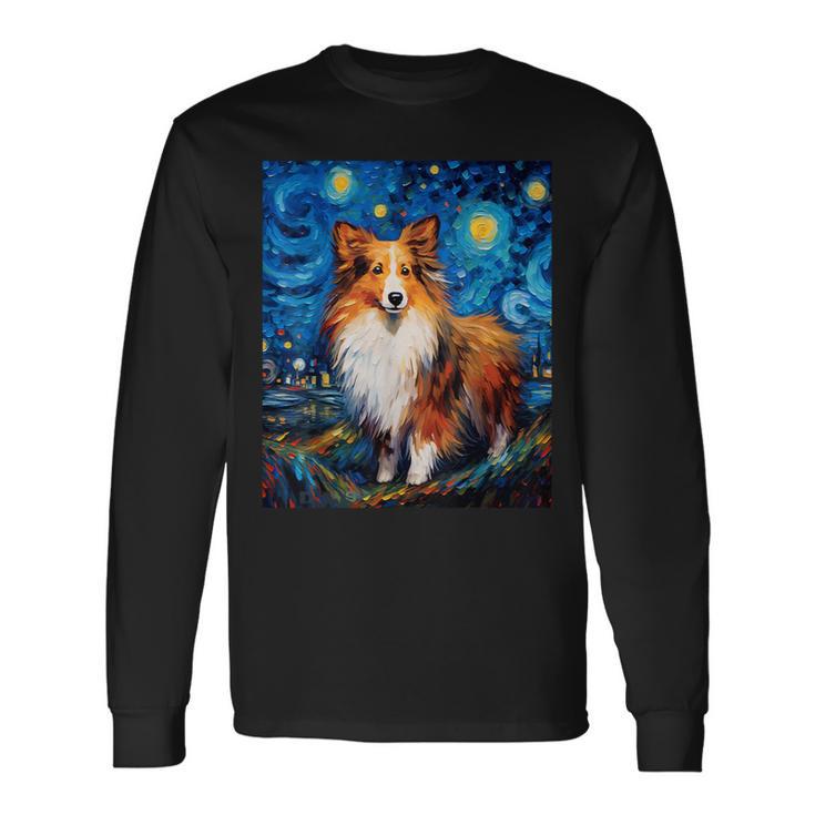 シュールな星月夜シェルティドッグ 長袖Tシャツ