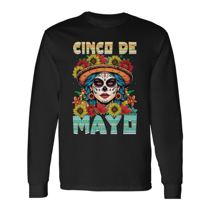 シンコ デ マヨ スケルトン ラ カトリーナ カラベラ フローラル メキシカン 長袖tシャツ 長袖Tシャツ