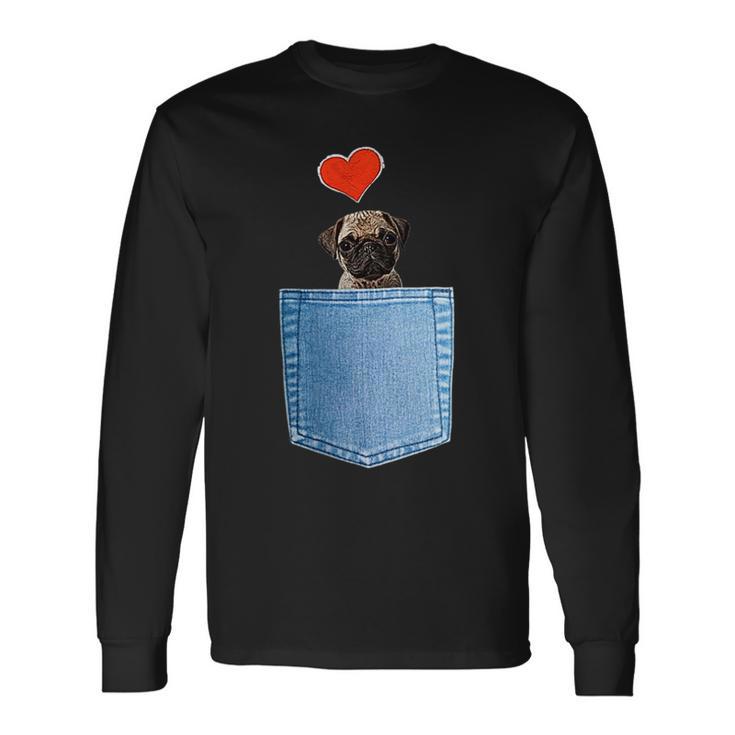 ジーンズポケット付きシャツ パグ犬とハート犬のモチーフ 長袖Tシャツ