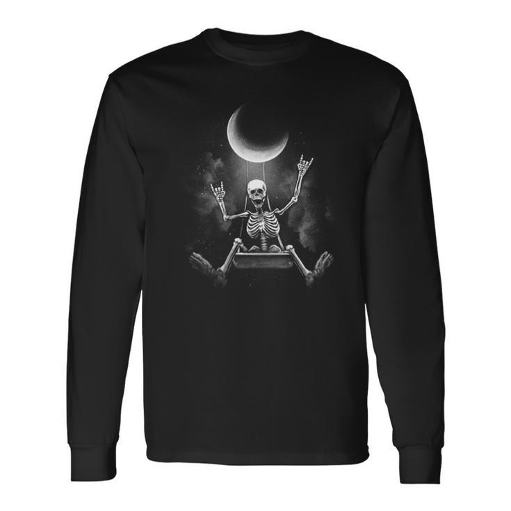 スケルトンロックオンムーン不気味なハロウィンロックバンド 怖い 長袖tシャツ 長袖Tシャツ