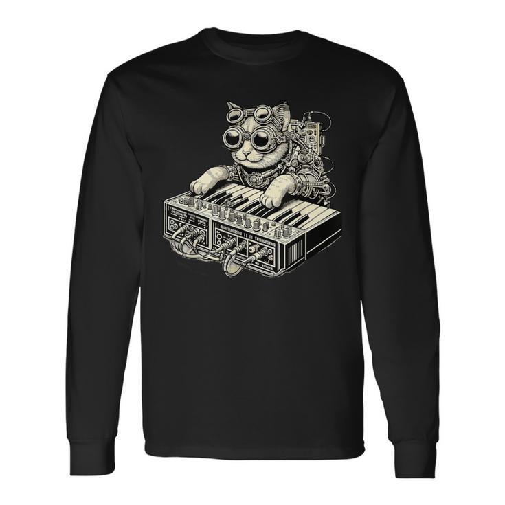 スチームパンク 猫 演奏 シンセサイザー シンセ 子猫 テクノミュージック 長袖Tシャツ