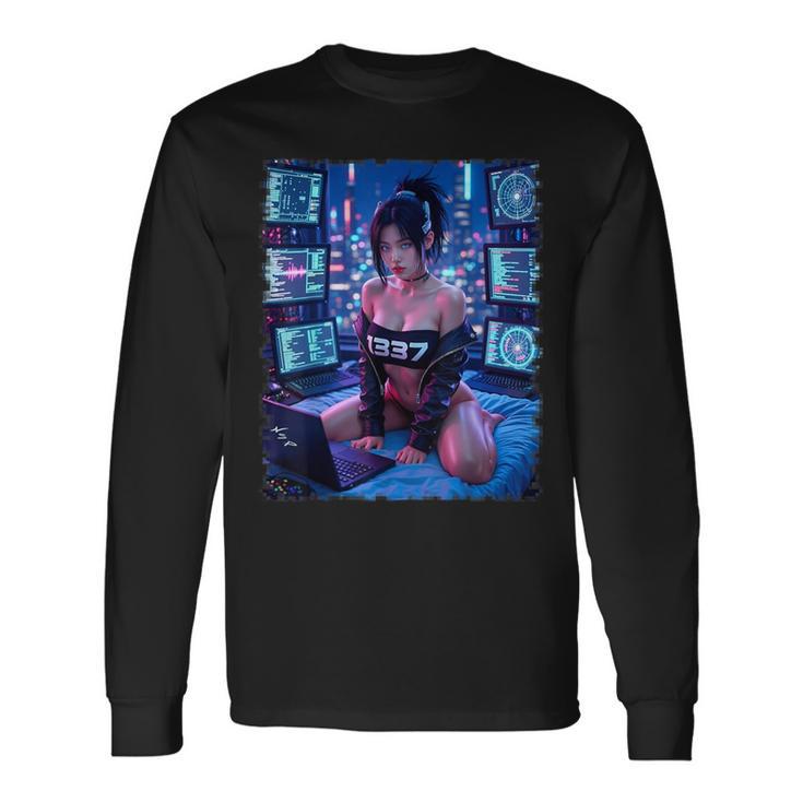 セクシーガールグラフィックtシャツ 1337 サイバーパンク ハッカーガール 長袖Tシャツ