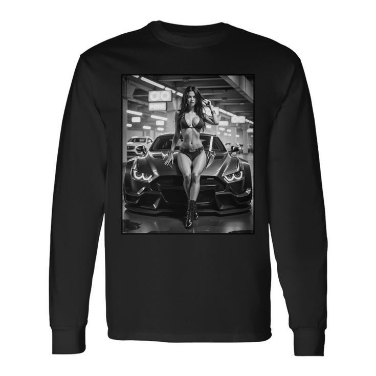 セクシーガールグラフィックtシャツ セクシーピンナップモデル&エキゾチックカーb&W 長袖tシャツ 長袖Tシャツ